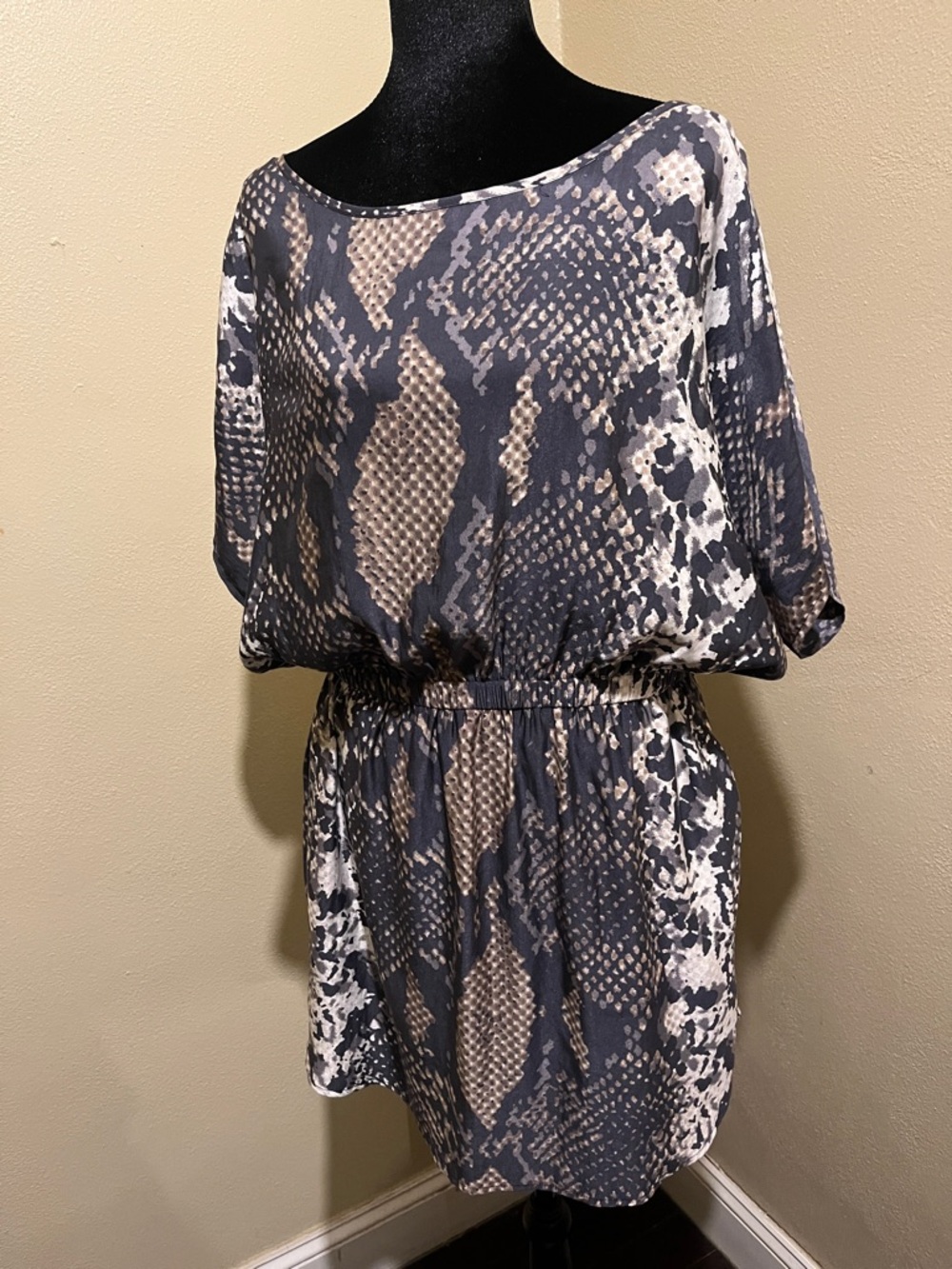 Express Snake Print Dolman Dress in Gray and Cream